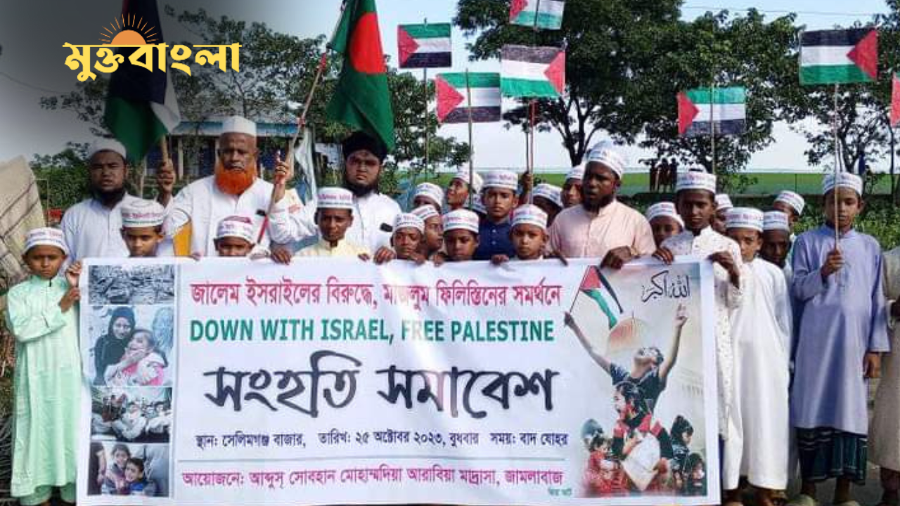 ফিলিস্তিনে ইসরায়েলি গণহত্যার প্রতিবাদে সেলিমগঞ্জ বাজারে বিক্ষোভ মিছিল অনুষ্ঠিত